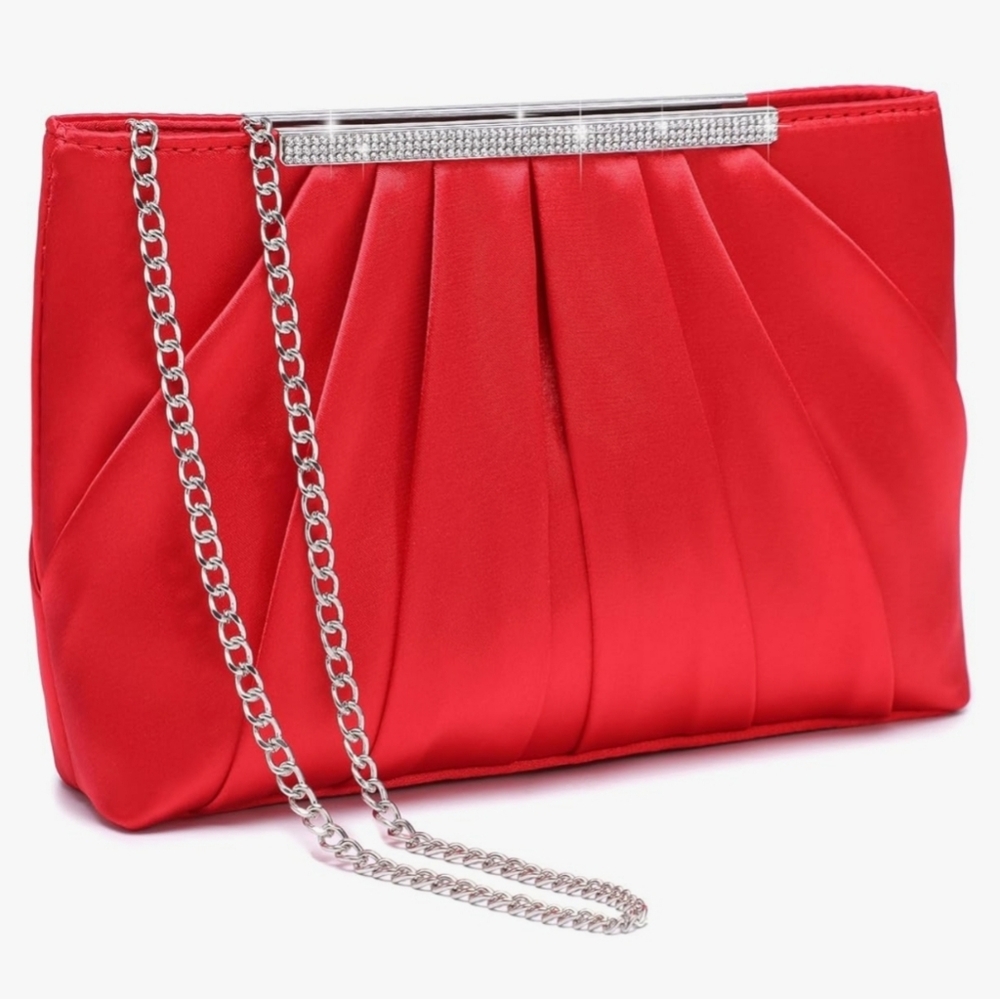 Elegant Red Satin Clutch with Chain Strap